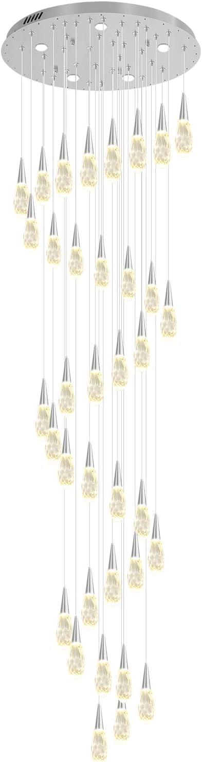H 177" Moderm Extra Large Chandelier 36-Lights Foyer Chandelier for High Ceiling Crystal Pendant Light Fixture Raindrop Chandeliers for Staircase Villa Living Room (Silver