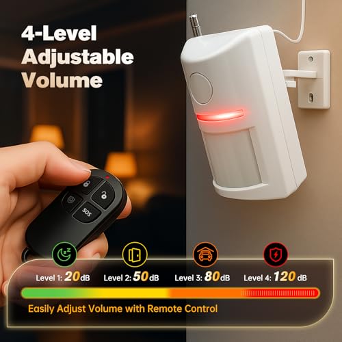 Wireless Motion Sensor Alarm & Doorbell Chime - AC Plug-in Security Alert with Remote - 90dB Infrared Detector for Business, Office & Garage (1 Motion Alarm + 1 Remote)
