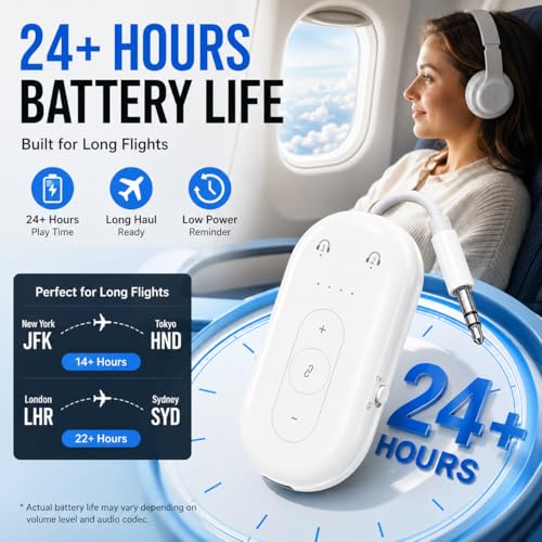 Airplane Bluetooth Adapter for Earphone, Bluetooth Audio Transmitter for for AirPods or Wireless Headphones, Transmitter Receiver 2 in 1 Dongle for Long Flight, Speaker, Car, Gym, TV