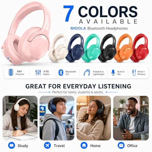 MIDOLA Bluetooth Headphones Over Ear 68H Playtime 6 EQ Wireless Headset with Microphone HiFi Stereo Foldable Lightweight Deep Bass for Travel Home Office Cellphone Pink