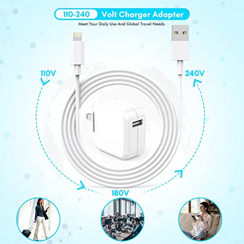 [3 Pack] iPad Charger, iPhone Charger 【MFi Certified】 Long Lightning Cable 10 Foot Lightning Charging Cord with 12W Wall Foldable Block Portable Travel Plug Charging for iPad/iPadMini/iPadAir, iPhone