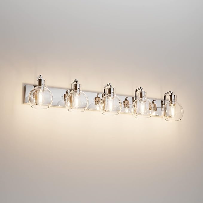 Tipace 5 Lights Stainless Steel Modern Bathroom Vanity Light Fixtures Over Mirror Chrome Industrial Vanity Lights with Globe Clear Glass Farmhouse Bath Lighting(Exclude Bulb)