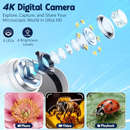 Odatay 2.4" 4K 1000X Digital Kids Microscope with 32G Card 12 Slides, White