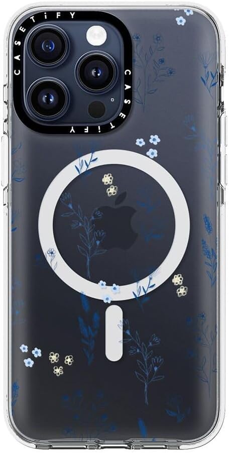 CASETiFY Clear iPhone 15 Pro Max Case [Not Yellowing / 6.6 ft. 3X Military Grade Drop Protection/Magsafe] - Small Blue Flowers - Clear