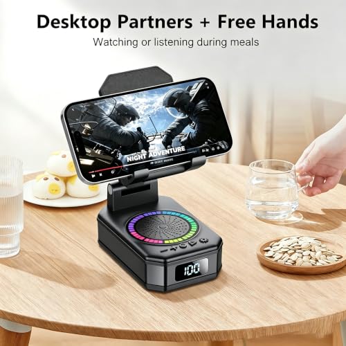 Gifts for Men Women, Cell Phone Stand with Wireless Bluetooth Speaker and Colorful LED Lights, 4-in-1 Multifunctional Phone Holder Support Fast Charging, Adjustable Desktop Stand, Best Gifts