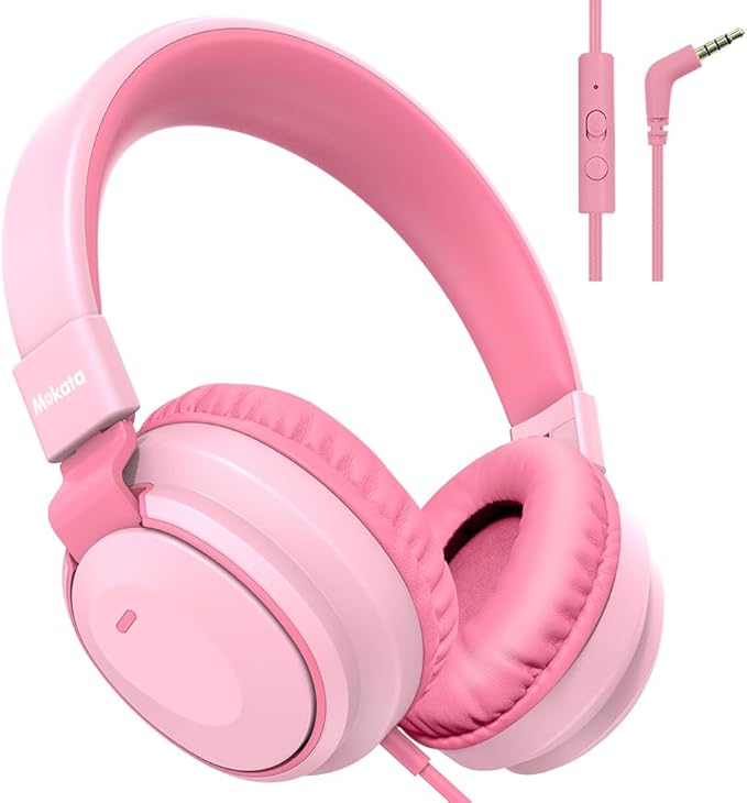 Headphone Kids Volume Limited 85/94dB Wired Over-Ear/On-Earr Foldable Headset with Inline Cable Aux 3.5mm Cord Mic for Toddler Boy Girl Child Back to School Study Pad Tablet Pink