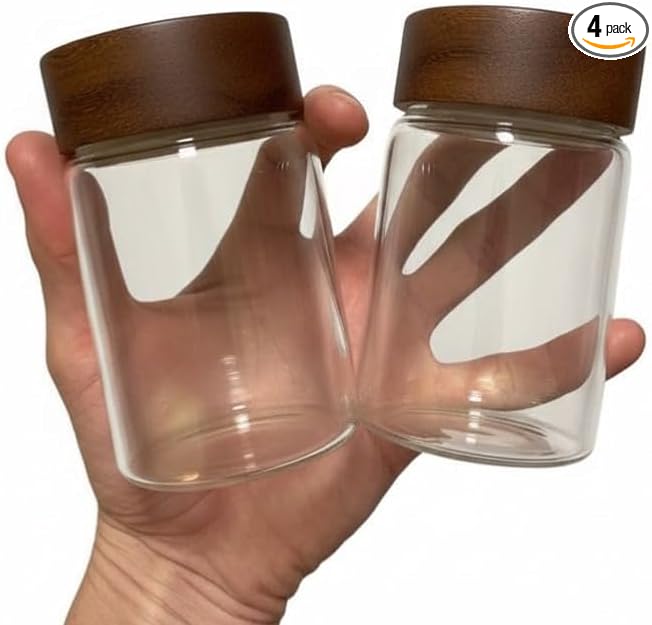 Wide Mouth Glass Storage Jars With 2.5" Acacia Wood Lids - 4 Pack of 8.5 Oz Food Storage Containers - Borosilicate Glass Canisters Sets For Kitchen - Pantry Organizers and Storage for Rice Coffee