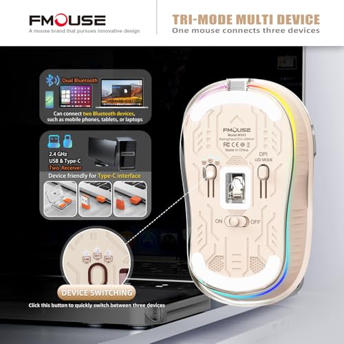 FMOUSE Transparent Wireless Mouse, Tri-Mode Bluetooth & 2.4GHz, Cream