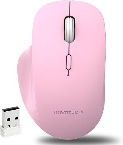 memzuoix Dual Mode Wireless Mouse, 2.4GHz USB + Bluetooth, Silent Clicks, USB-C Rechargeable, 3 Adjustable DPI (800/1200/1600), Ergonomic Right-Hand Design for Laptop PC Mac Office Home-Pink