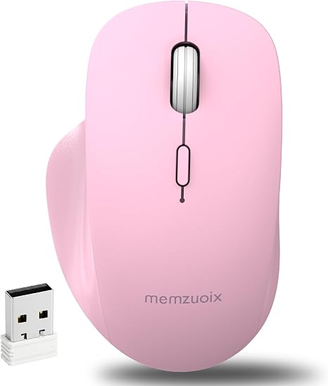 memzuoix Dual Mode Wireless Mouse, 2.4GHz USB + Bluetooth, Silent Clicks, USB-C Rechargeable, 3 Adjustable DPI (800/1200/1600), Ergonomic Right-Hand Design for Laptop PC Mac Office Home-Pink
