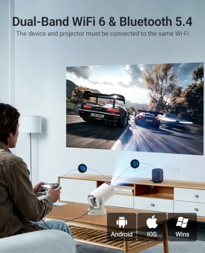 Mini Projector with WiFi 6 and Bluetooth 5.4, 4K Support, 5W Soundbase Speaker, Auto Vertical Keystone, 180°Rotatable Smart Projector for Movie Home Outdoor