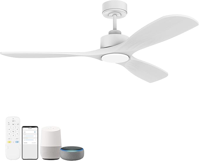 52” Wood Smart Ceiling Fans with Lights Remote,Quiet DC Motor,Outdoor Indoor Ceiling Fan,Voice Control via WIFI Alexa App,Dimmable,Modern White Lighting& Ceiling Fan for Bedroom Patio Porch