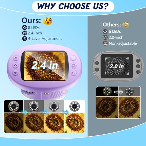 Odatay 2.4" 4K 1000X Digital Kids Microscope with 32G Card 12 Slides Purple