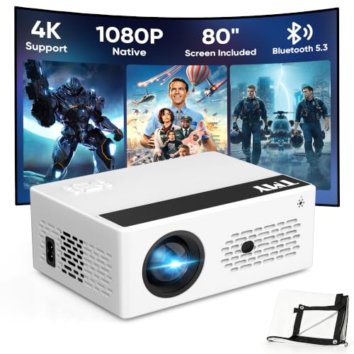 TMY Native 1080P Mini Portable Projector, 2-way Bluetooth, with 80in Screen