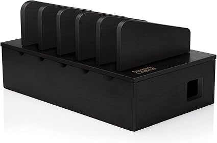 Prosumer's Choice Charging Station for Multiple Devices - 5 Device Charger Organizer for Smartphones and Tablets - Wooden Rack with Removable Dividers - Charging Dock for Work from Home - Black