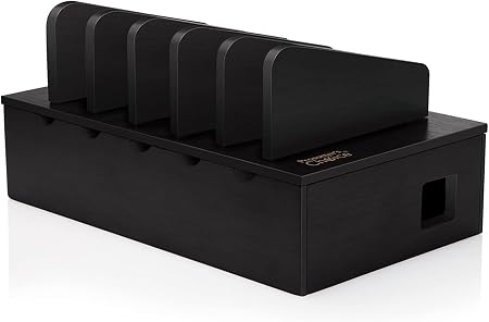 Prosumer's Choice Charging Station for Multiple Devices - 5 Device Charger Organizer for Smartphones and Tablets - Wooden Rack with Removable Dividers - Charging Dock for Work from Home - Black