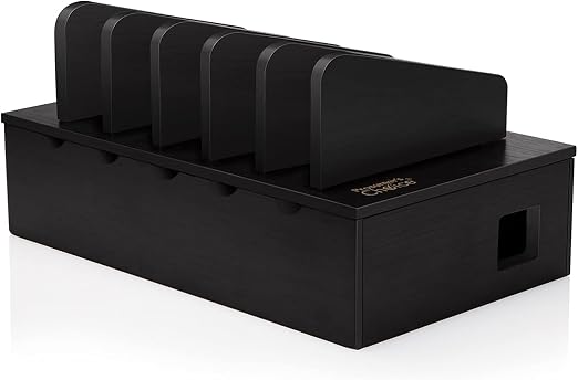 Prosumer's Choice Charging Station for Multiple Devices - 5 Device Charger Organizer for Smartphones and Tablets - Wooden Rack with Removable Dividers - Charging Dock for Work from Home - Black