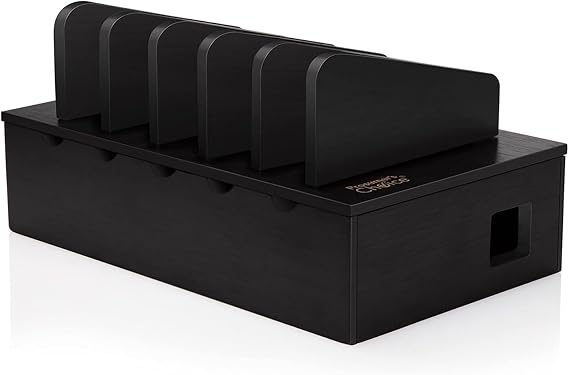 Prosumer's Choice Charging Station for Multiple Devices - 5 Device Charger Organizer for Smartphones and Tablets - Wooden Rack with Removable Dividers - Charging Dock for Work from Home - Black