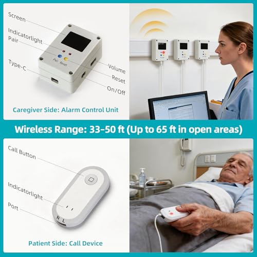 TOOCUST Bed Alert System for Seniors,40 Inch Extra Long Smart Bed Exit Monitor Mat with Dual Care Call Button Motion Reminder Pager for Household Bedroom and Residential Living