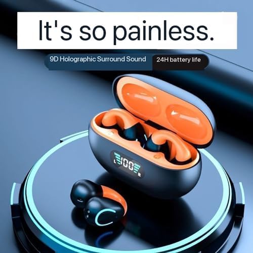 Open-Ear Wireless Headphones Bluetooth Clip On Mini Earbuds Charging Case Ear Buds Sports Bone Conduction Headphones Earphones for Workout Driving Walking (Black(Orange))
