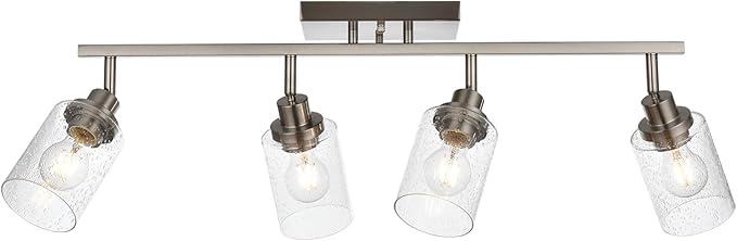 4-Light Brushed Nickel Kitchen Track Lighting Fixtures Ceiling Mount Track Lighting Kit with Bubble Seeded Glass Shade Modern Bathroom Tracking Vanity Lights Ceiling Tracking Accent Shop Light