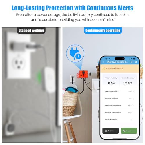 Ortis WiFi Power Failure & Water Leak Alarm, Real-Time Monitoring of Water Level, Temperature & Humidity, 110dB Siren with Flashing Light, APP Alerts, Ideal for Laundry Rooms & Basements