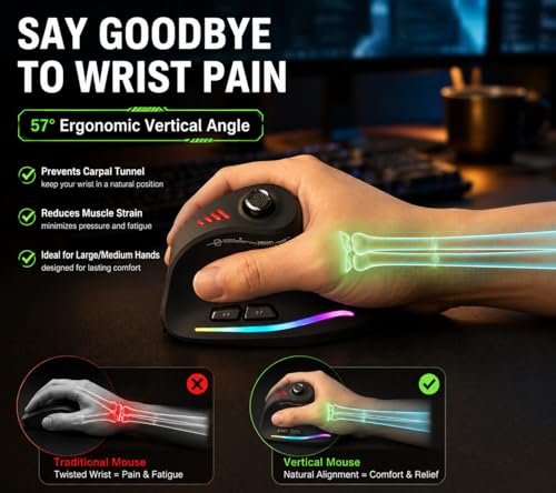 TKMARS Wireless Ergonomic Vertical Gaming Mouse with Joystick, Bluetooth & 2.4G, 12 Programmable Buttons, Adjustable 24000 DPI, Rechargeable RGB Computer Mouse for PC, MacBook & Laptops - Image 4