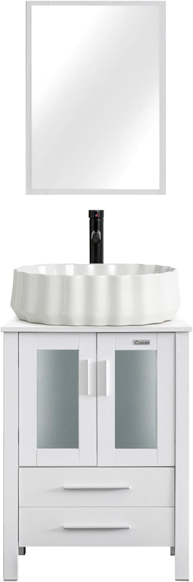 eclife 24" Modern Bathroom Vanity Sink Combo Freestanding Cabinet with Soft Closing Door, White Shell Ceramic Vessel Sink, Water Save Faucet, Drain (White+T54)