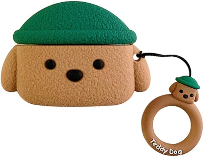 Earphone Case, Super Cute Creative Pet Hat Teddy Dog Earbud Case, Puppy Style Soft Silicone Earphone Protection Skin Compatible with AirPods Pro/Pro 2 +Ring Hook -Brown