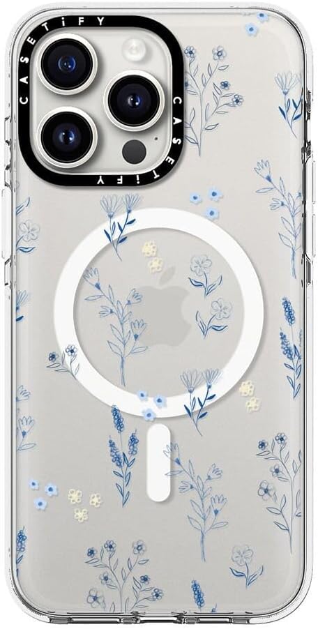 CASETiFY Clear iPhone 15 Pro Max Case [Not Yellowing / 6.6 ft. 3X Military Grade Drop Protection/Magsafe] - Small Blue Flowers - Clear
