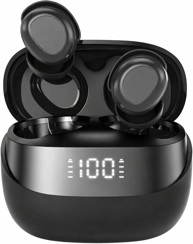 AUDIRA Mini Wireless Sleep Earbuds for Side Sleepers, Bluetooth 5.4 in-Ear Ear Buds with Noise Cancelling, IPX4 Waterproof Headphones, Touch Control, Digital Display Charging Case – Black