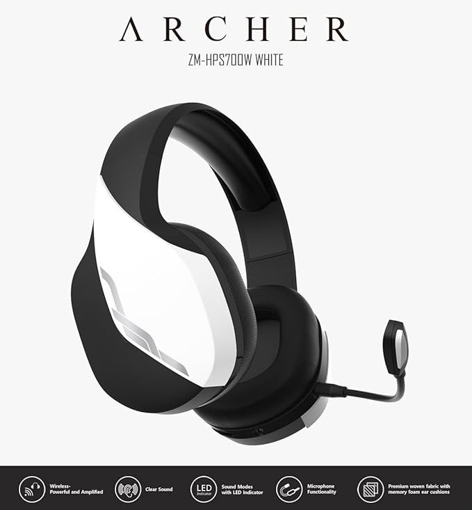 Zalman HPS700 Archer, Wireless Headset with Gaming, Music, Live Sound Modes, LED Indicator, Detachable Microphone, USB-C to A Charging Cable (White)…