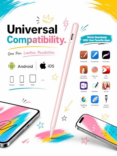 DRYMOKINI Stylus Pen, Active Stylus Pen Touch Screens Compatible for Android and i-OS Tablet/Phones, Rechargeable Universal Stylus Pencil Compatible for A-pple/i-Pad/Phone Tablet, Pink