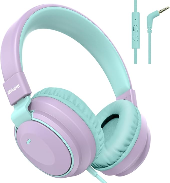 Headphone Kids Volume Limited 85/94dB Wired Over-Ear/On-Earr Foldable Headset with Inline Cable Aux 3.5mm Cord Mic for Toddler Boy Girl Child Back to School Pad Tablet Light Purple