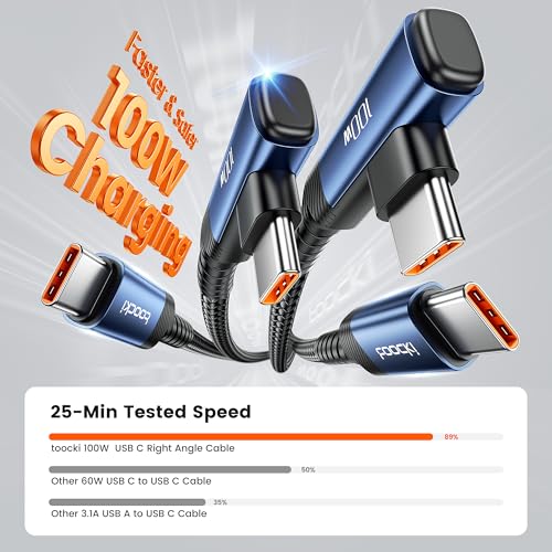 toocki USB C Cable 10ft 2Pack, 100W Right Angle Fast Charging Cord, Blue - Image 3