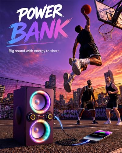 TPyesss Party Loud Bluetooth Speaker: 80W Peak Powerful Bass, Long Playtime, Vibrant Lights, Portable Wireless Speakers with TWS Pairing, Large Subwoofer for Outdoor, Garage & Home