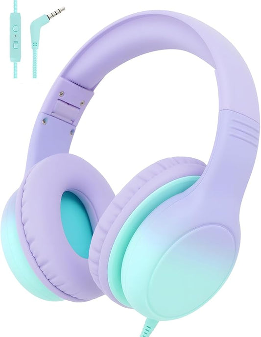 Over Ear Kids Headphones with HD Mic, Safe Volume Limited Wired Headphones for School, Travel, Stereo Sound Headphones with Cord, Foldable 3.5mm Headphones for iPad, Laptop, PC, Purple-Green