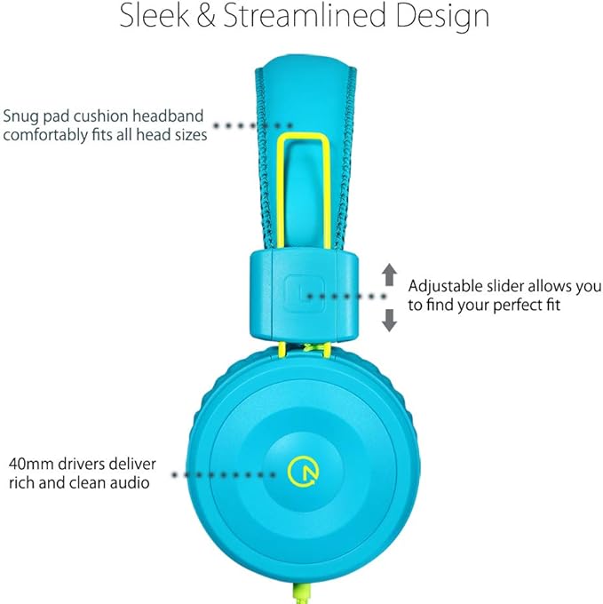 noot products Kids Headphones K22 Foldable Stereo Tangle-Free 5ft Long Cord 3.5mm Jack Plug in Wired On-Ear Headset for iPad/Amazon Kindle Fire/Boys/Girls/Laptop/School/Tablet (Teal/Lime)