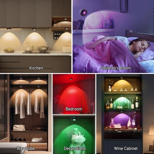 UNUSROOM Rechargeable RGB Puck Lights with Remote Control, Wireless Under Cabinet Lighting,13 Color Changing Lights with Dimmer, Timer,2000mAh Battery Operated Tap Lights for Kitchen
