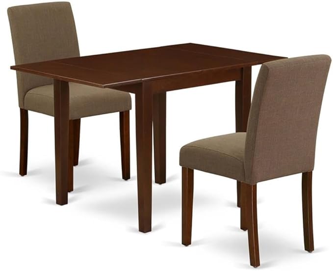 East West Furniture 1NDAB3-MAH-18 3 Piece Kitchen Table Set Contains a Rectangle Dining Room Table with Dropleaf and 2 Coffee Linen Fabric Parson Dining Chairs, 30x48 Inch, Mahogany