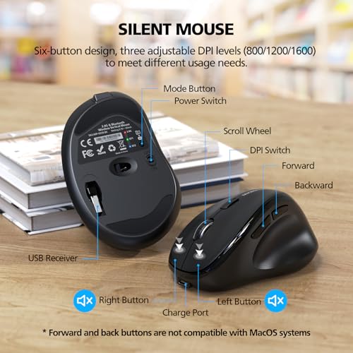 Bluetooth Wireless Mouse Ergonomic Vertical for Laptop Computer Macbook iPad Tablet Rechargeable Silent Click USB Carpal Tunnel Right Hand Compatible with Windows iOS Mac OS Android Black - Image 6