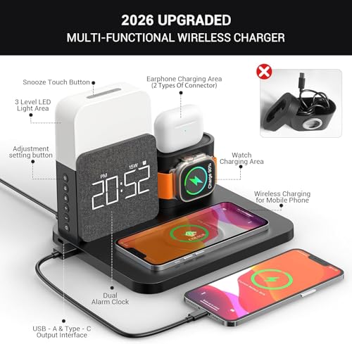 7 in 1 Charging Station for iPhone, Wireless Charging Station, Alarm Clock, Night Light, Wireless Charger for iPhone 17 16 15 14 13 12 Pro Max & Apple Watch - Charging Stand Dock for AirPods(Black)