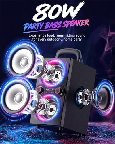 TPyesss Party Loud Bluetooth Speaker: 80W Peak Powerful Bass, Long Playtime, Vibrant Lights, Portable Wireless Speakers with TWS Pairing, Large Subwoofer for Outdoor, Garage & Home