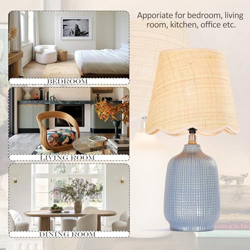 Pia Ricco 19" Modern Ceramic Table Lamp for Living Room Gray Blue Base Desk Lamps for Bedroom Farmhouse Bedside Nightstand Lamp End Table Lamps,Bule,Rattan Shade