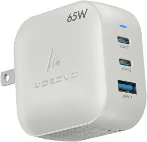 65W GaN Charger, Wozoyo 2XType-C & USB-A Superfast 2.0 Charging, Compatible for iPhone 17/16/16 Pro Max/15 Series/iPad Pro, Smartphones, Tablets and More, PD/PPS/QC 3.0,Compact Foldable Plug
