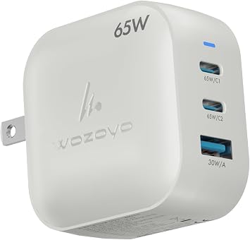 65W GaN Charger, Wozoyo 2XType-C & USB-A Superfast 2.0 Charging, Compatible for iPhone 17/16/16 Pro Max/15 Series/iPad Pro, Smartphones, Tablets and More, PD/PPS/QC 3.0,Compact Foldable Plug