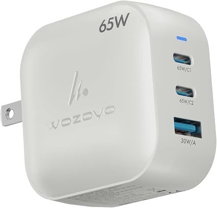 65W GaN Charger, Wozoyo 2XType-C & USB-A Superfast 2.0 Charging, Compatible for iPhone 17/16/16 Pro Max/15 Series/iPad Pro, Smartphones, Tablets and More, PD/PPS/QC 3.0,Compact Foldable Plug