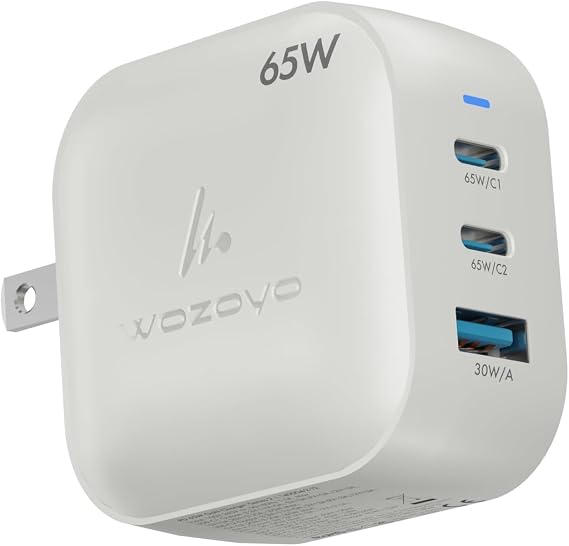 65W GaN Charger, Wozoyo 2XType-C & USB-A Superfast 2.0 Charging, Compatible for iPhone 17/16/16 Pro Max/15 Series/iPad Pro, Smartphones, Tablets and More, PD/PPS/QC 3.0,Compact Foldable Plug