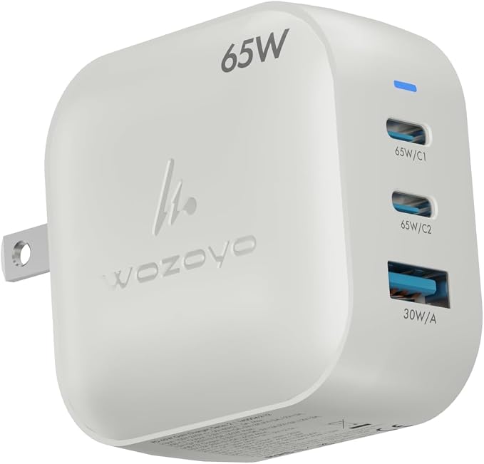 65W GaN Charger, Wozoyo 2XType-C & USB-A Superfast 2.0 Charging, Compatible for iPhone 17/16/16 Pro Max/15 Series/iPad Pro, Smartphones, Tablets and More, PD/PPS/QC 3.0,Compact Foldable Plug