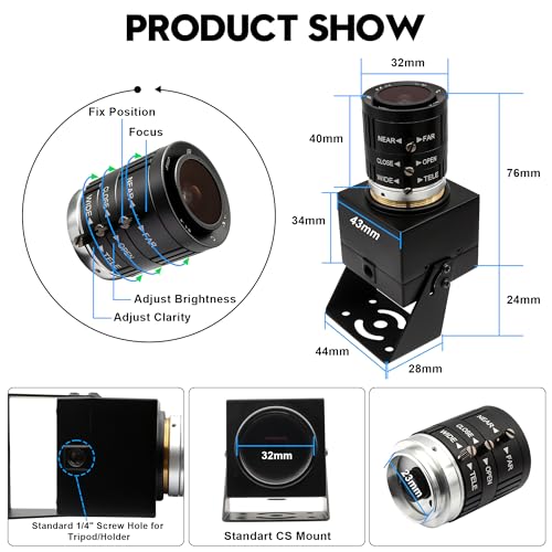 4K Webcam 1080P@120fps USB Steaming Camera with 3.6-10mm Varifocal Manual Lens,12Megapixel UVC Free Driver Compatible Computer, Plug and Play for Conferencing 3D Printer Industrial Security